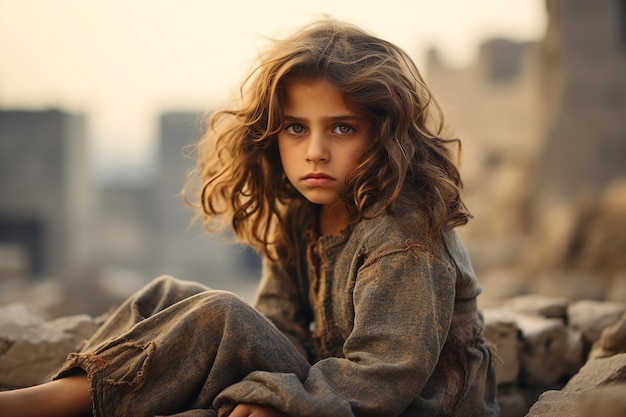 Image of an orphaned child in front of the ruins of town destroyed in the war generative ai