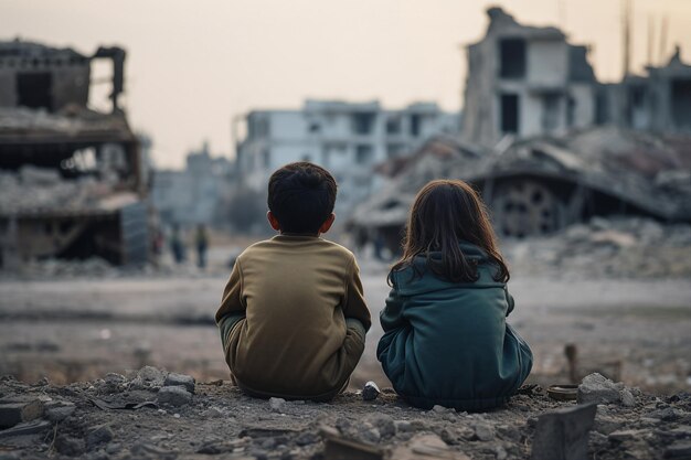 Image of an orphaned child in front of the ruins of town destroyed in the war generative ai