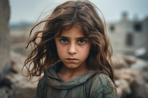 Image of an orphaned child in front of the ruins of town destroyed in the war generative ai