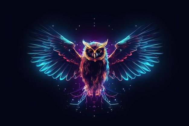 Image of an owl flapping wings with light that is in the digital world on a dark background Birds Wildlife Animals Illustration generative AIxA