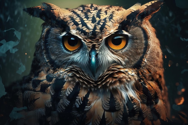 Image of an owl head on dark background Birds Wildlife Animals Illustration generative AI