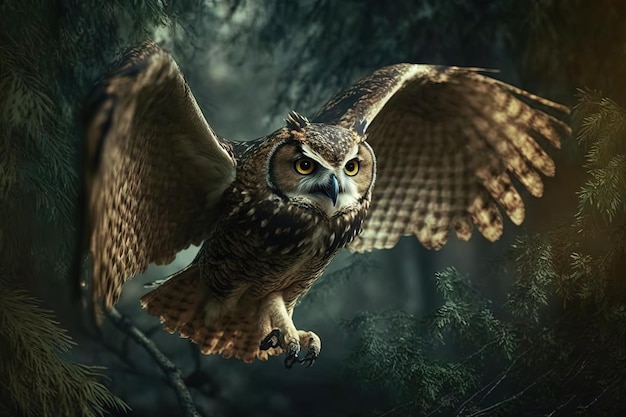 Image of an owl is flying in the forest Wild Animals Bird illustration Generative AI