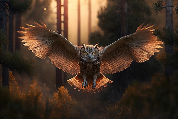 Image of an owl is flying in the forest Wild Animals Bird illustration Generative AI