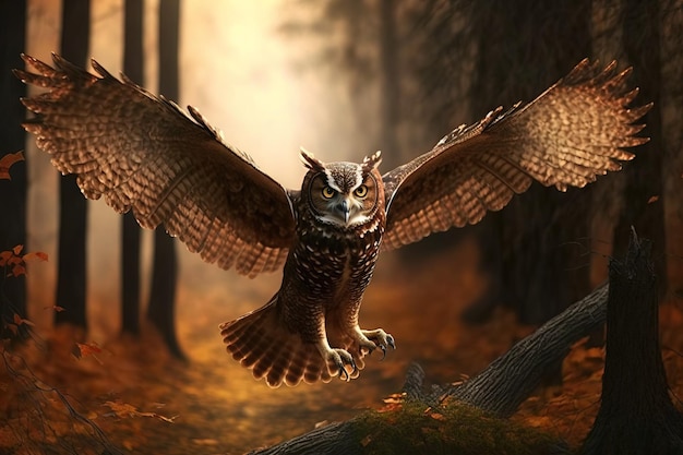 Image of an owl is flying in the forest Wild Animals Bird illustration Generative AI