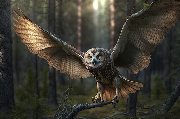 Image of an owl is flying in the forest Wild Animals Bird illustration Generative AI