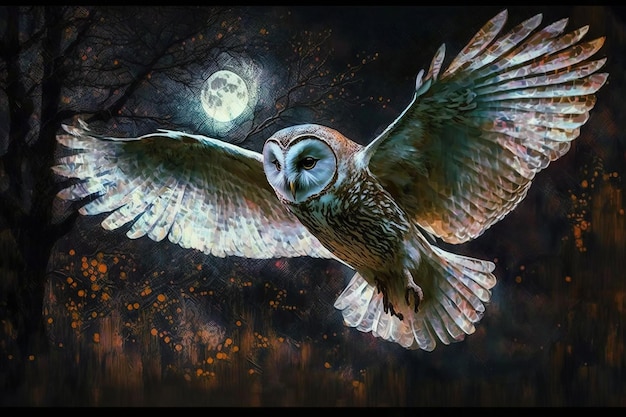 Image of An owl is spreading its wings and flying in the dark Wildlife Birds illustration generative AI