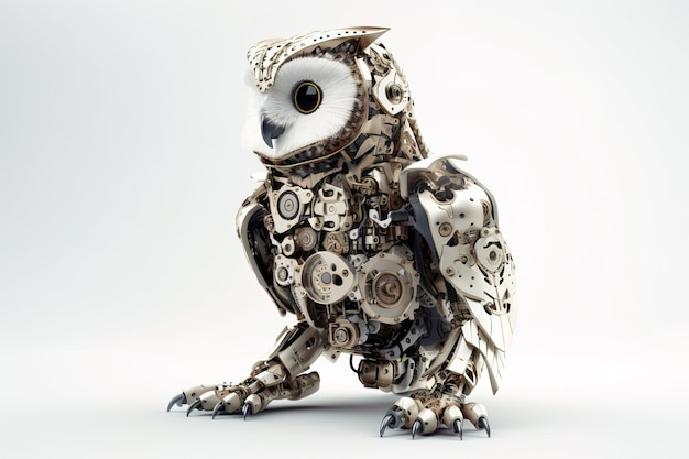 Image of an owl modified into a robot on a white background Wild animals illustration generative AI