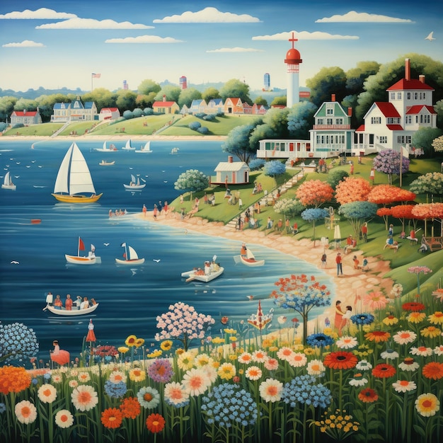 an image of a painting of a flower garden with people a