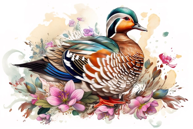 Image of painting mandarin duck with colorful tropical flowers wildlife Animal illustration Generative AI