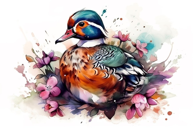 Image of painting mandarin duck with colorful tropical flowers wildlife Animal illustration Generative AI