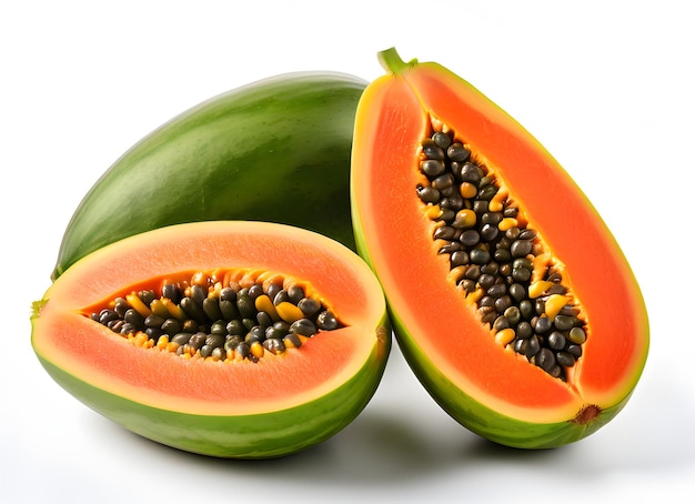 Image of papaya cut in half isolated on white background