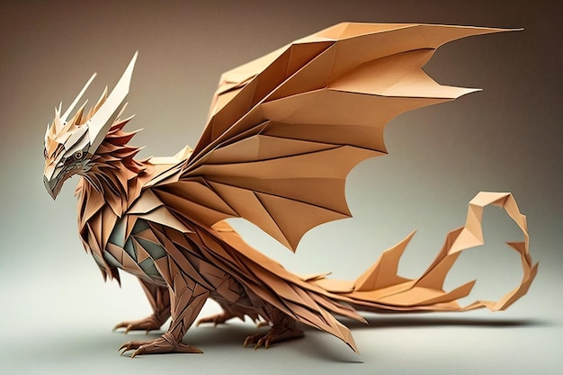 Image of paper origami art Handmade paper brown dragon Animals illustration generative AI