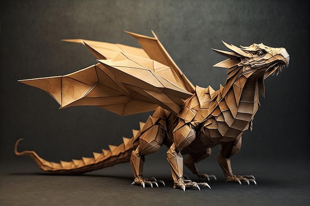 Image of paper origami art Handmade paper brown dragon Animals illustration generative AI