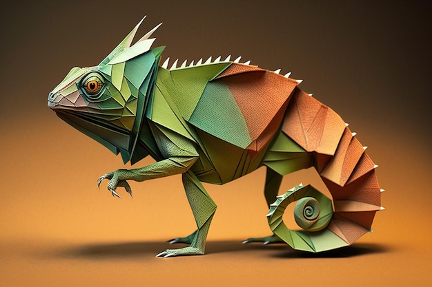 Image of paper origami art Handmade paper chameleon Reptile Animal illustration generative AI