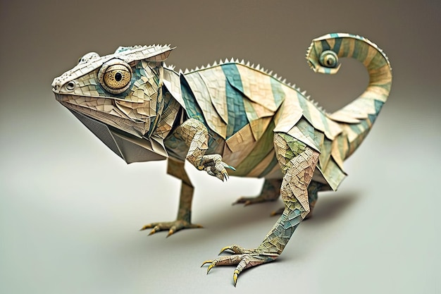 Image of paper origami art Handmade paper chameleon Reptile Animal illustration generative AI