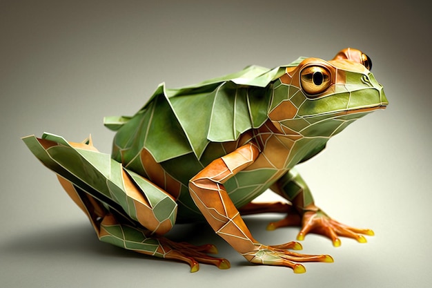 Image of paper origami art Handmade paper green frog Amphibian Animals illustration generative AI