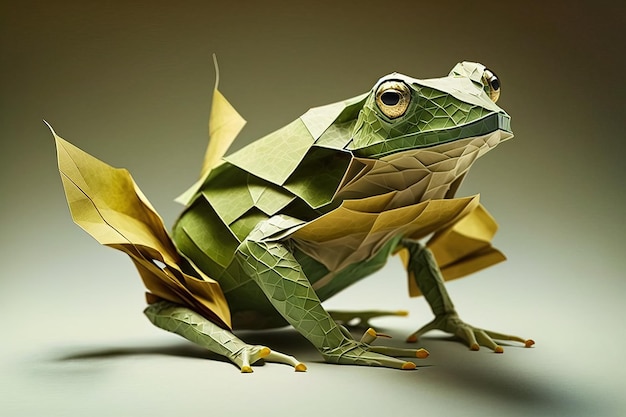 Image of paper origami art Handmade paper green frog Amphibian Animals illustration generative AI