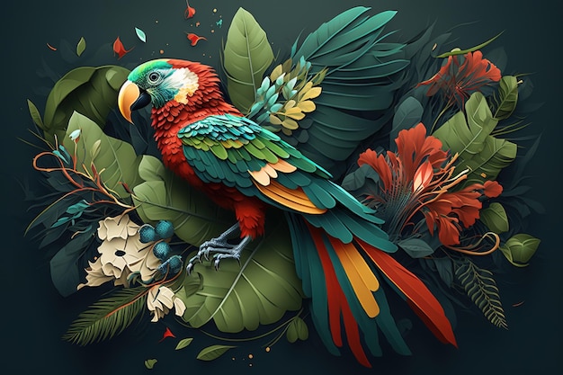 Image of parrot design with leaf elements Bird Pet Animals Illustration Generative AI