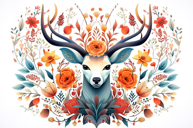 Image of pattern design using deer and flowers and leaves Wildlife Animals Illustration Generative AIxA