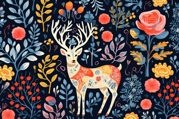 Image of pattern design using deer and flowers and leaves Wildlife Animals Illustration Generative AIxA