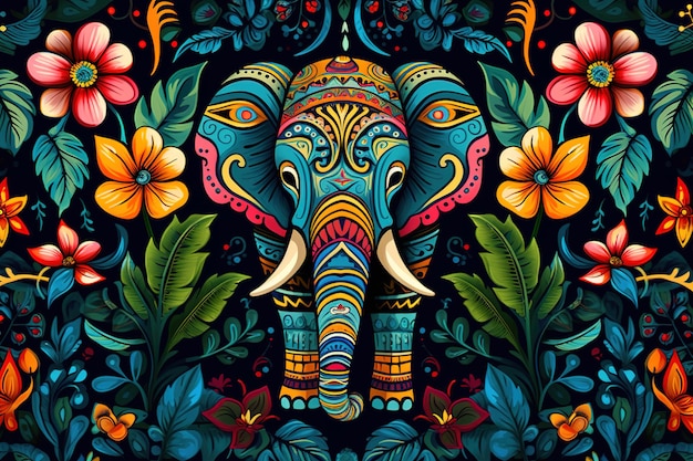 Image of pattern design using an elephant and flowers and leaves Wildlife Animals Illustration Generative AI