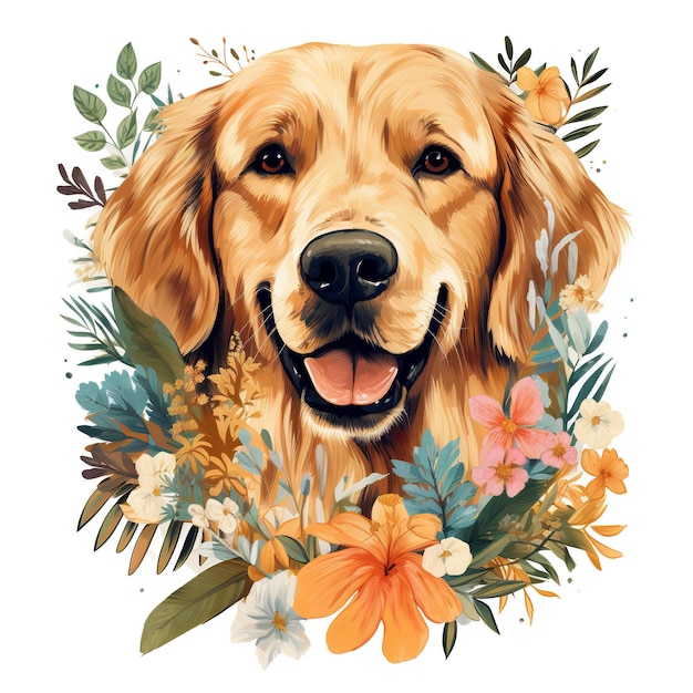 Image of pattern design using Golden retriever dog and flowers and leaves Pet Animals Illustration Generative AI