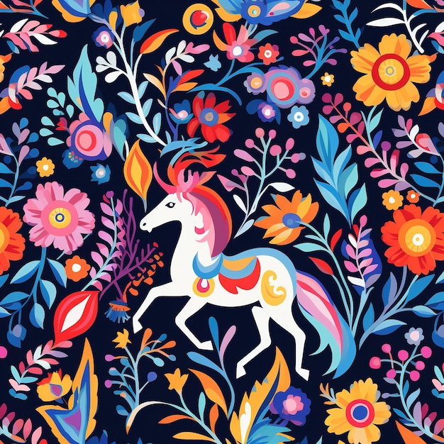 Photo image of pattern design using horse and flowers and leaves wildlife animals illustration generative ai