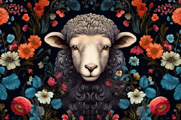 Image of pattern design using sheep and flowers and leaves Farm animals Illustration Generative AI