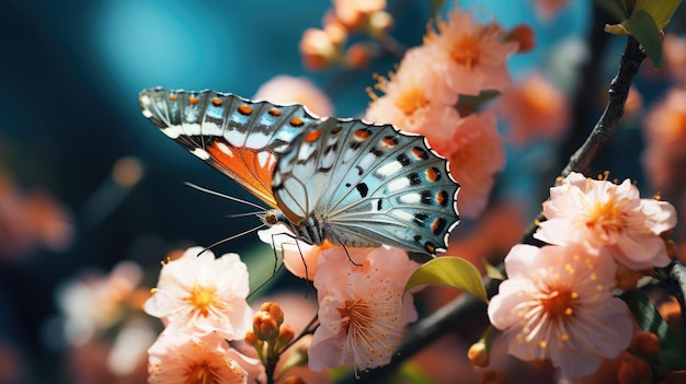 a image pearl butterfly with the colorful flowers