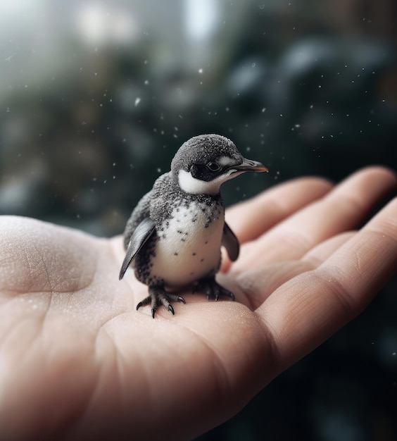 Image of penguin baby being held in his mother39s hand generative AI