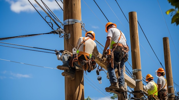 An image of people fixing power lines on tall poles