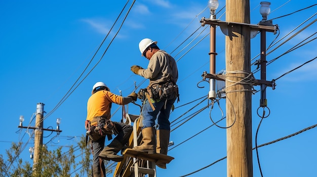 An image of people fixing power lines on tall poles