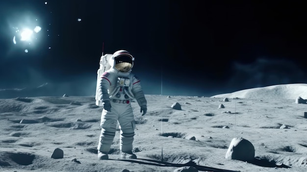 An image of a person dressed in an astronaut suit walking on the lunar surface in virtual reality Created with Generative AI