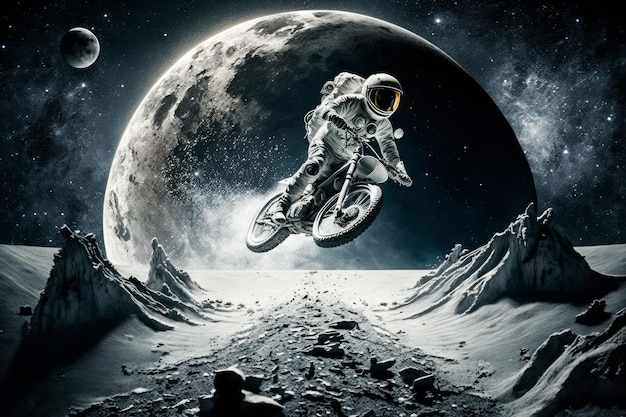 An image of person riding motorcycle on the moon Generative AI