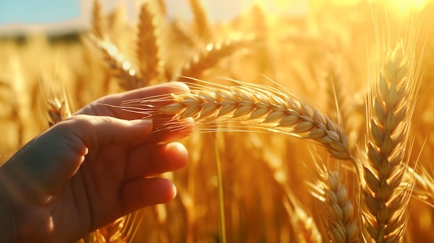 Image of a person's hand holding an ear of wheat in a field Generated AI