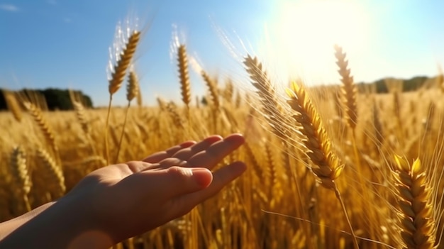 Image of a person's hand holding an ear of wheat in a field Generated AI