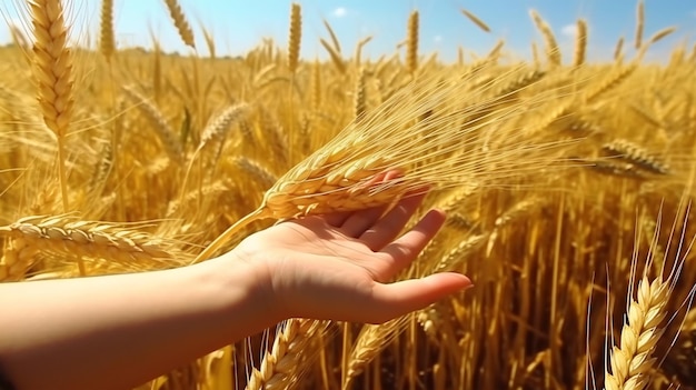 Image of a person's hand holding an ear of wheat in a field Generated AI