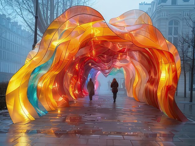 Photo an image of a person walking through a colorful tunnel