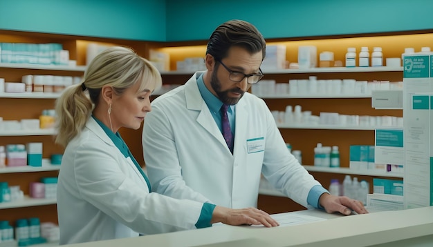 an image of a pharmacist assisting a customer at the prescription counter