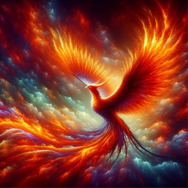 Image of the phoenix is flying burning with fire generative