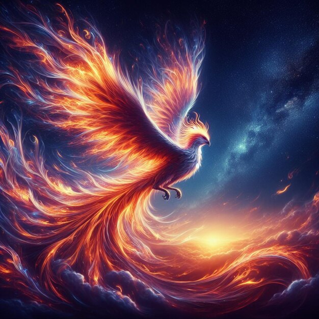 Image of the phoenix is flying burning with fire generative