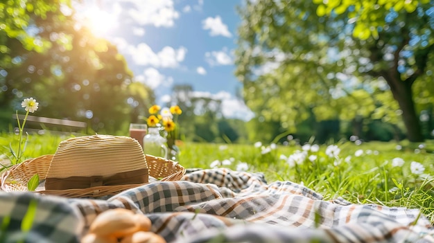 Photo image of a picnic blanket with a straw hat on it in a field of flowers and trees