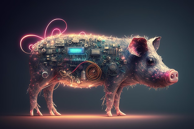 Image of a pig with electronic circuit boards with technology concept Farm animals Illustration generative AI