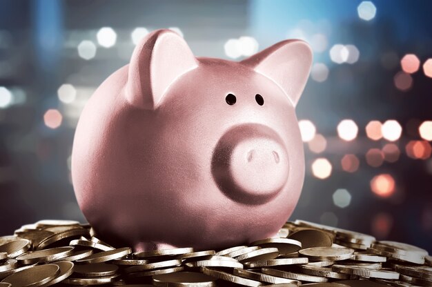 Image of piggy bank on the stop of coins