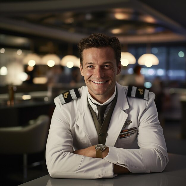 Photo an image of a pilot wearing white pilot suit with a confident smile situated in an airport lounge