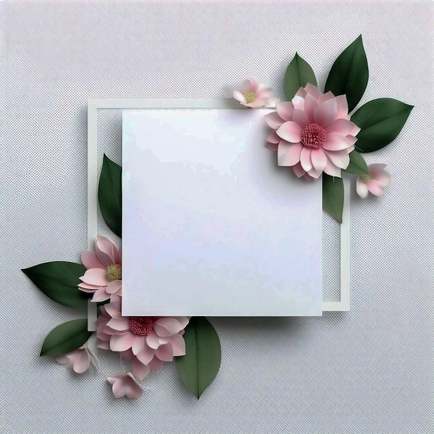 Image of pink flowers and green leaf on white frame with transparent background