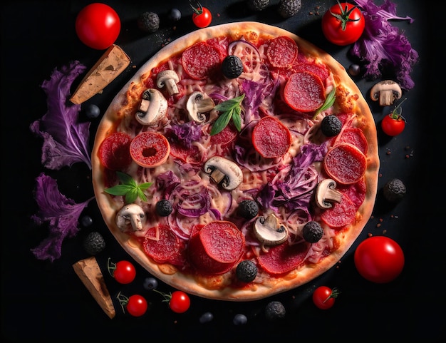 An image of a pizza with vegetables