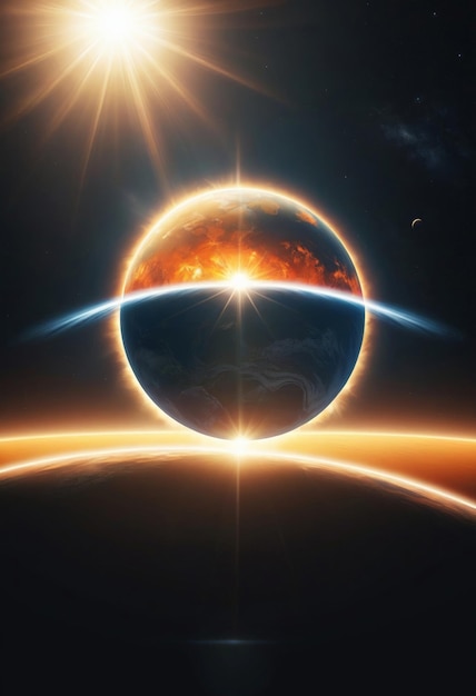 Photo an image of a planet and the earth with a sun shining over it