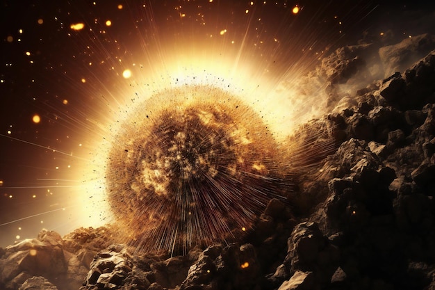 Image of planet explosion with sun rays and smoke