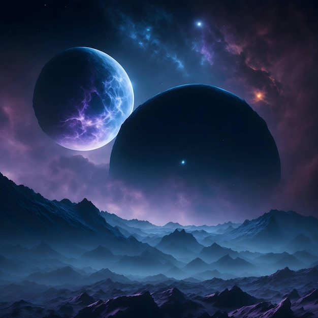 Image of planets in space in cinematic colors generated by artificial intelligence